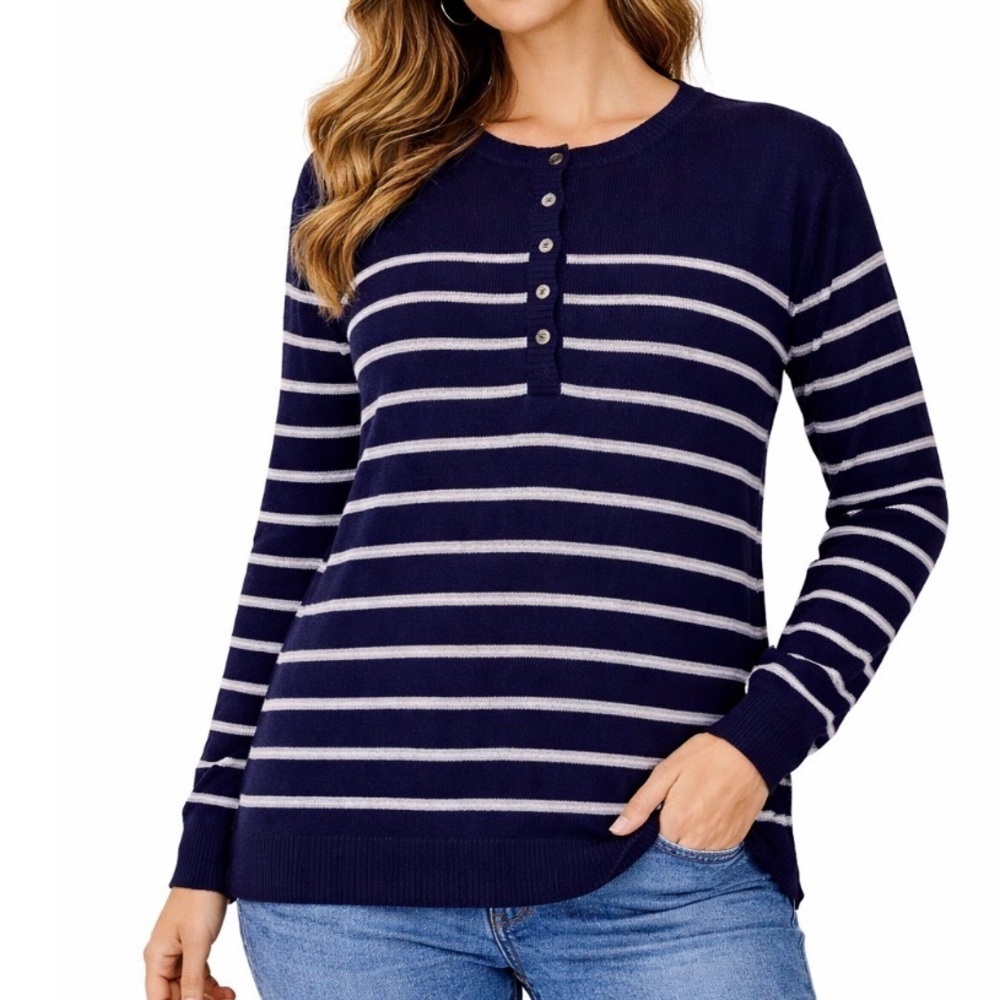 Marled brand Navy blue & white stripped 1/4 button down cotton blend SZ M